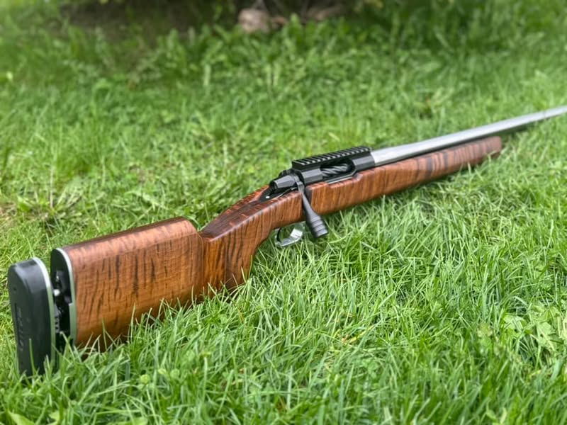 Custom roasted flame maple F-TR competition rifle stock by Timber Arms